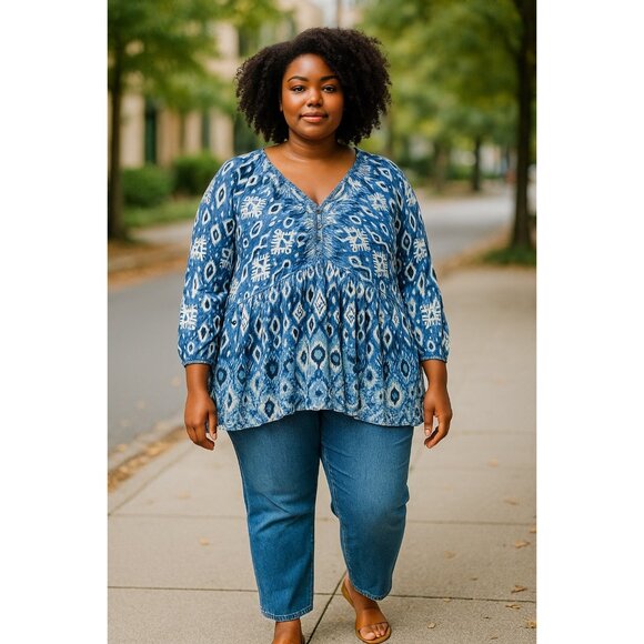Avenue Womens Blue & White Boho Tunic Top With Button Details Size 22/24 - Picture 14 of 16